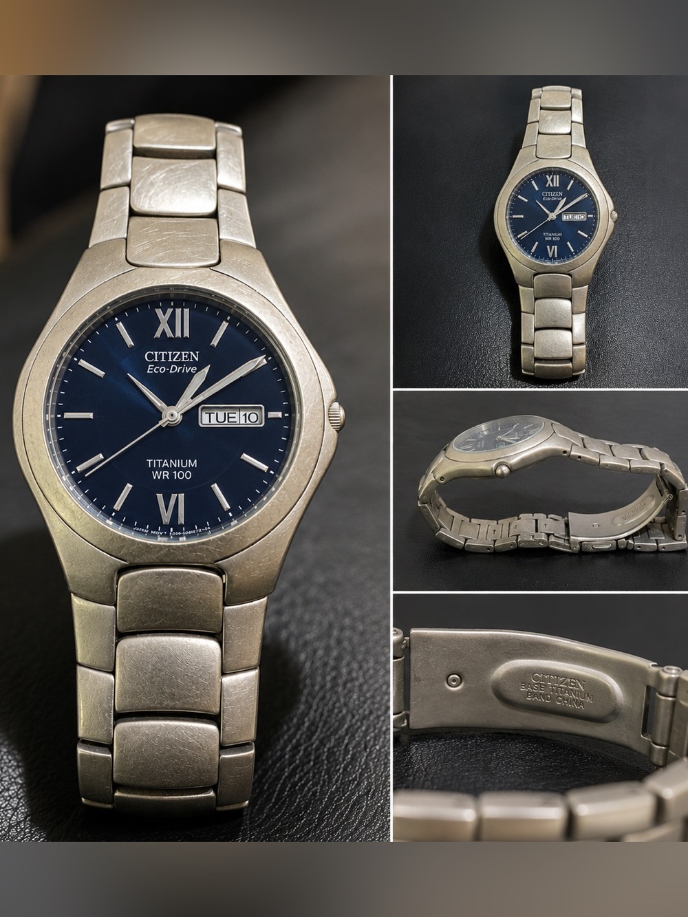 Citizen Eco-Drive Titanium Men’s Watch Navy Blue Dial Day Date WR100 Silver